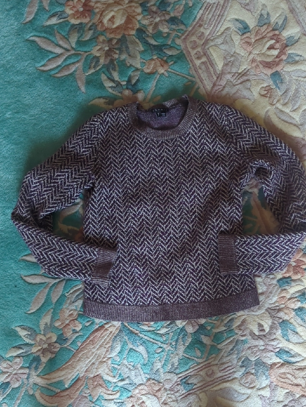 Theory Women's Crewneck Sweater in Plum and Cream Herringbone